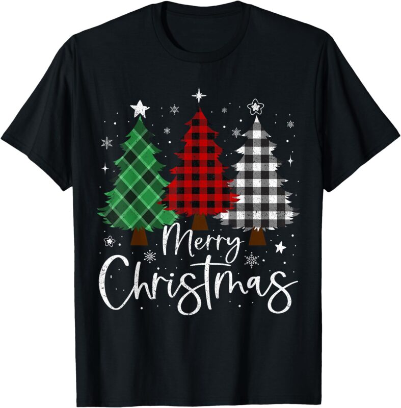 Merry Christmas 3 Xmas Trees Buffalo Plaid Family Matching T-Shirt