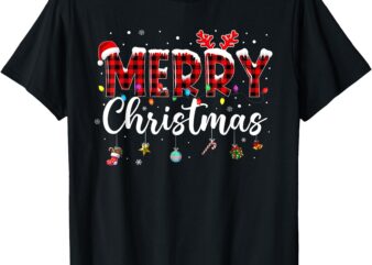 Merry Christmas Buffalo Plaid Red Santa Family Xmas Pajamas T-Shirt