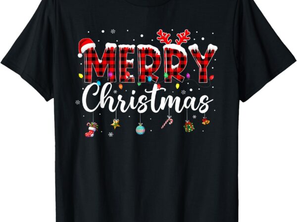 Merry christmas buffalo plaid red santa family xmas pajamas t-shirt