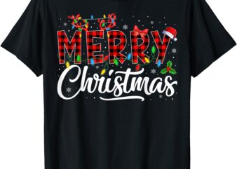 Merry Christmas Buffalo Plaid Red Santa Hat Pajama Men Women T-Shirt