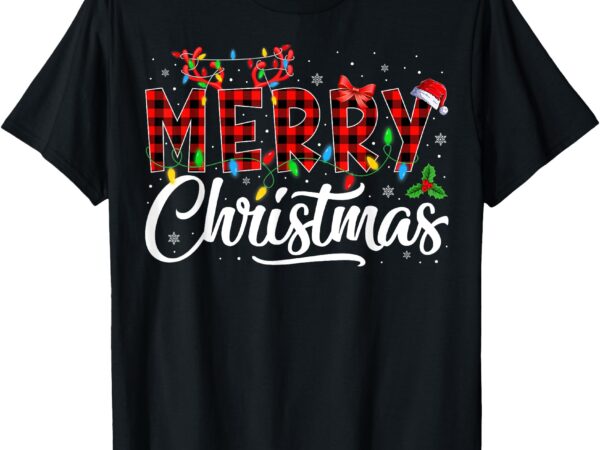 Merry christmas buffalo plaid red santa hat pajama men women t-shirt