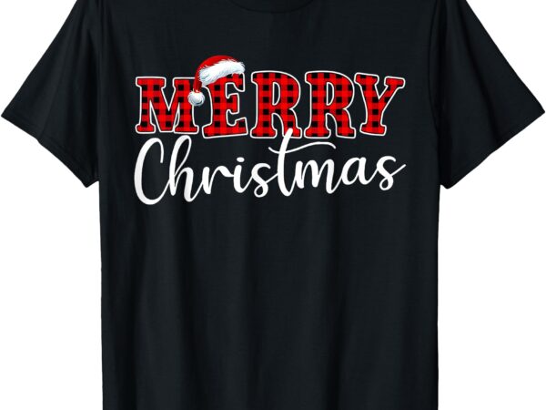 Merry christmas buffalo plaid red santa hat xmas pajamas t-shirt