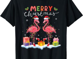 Merry Christmas Hat Santa Flamingo Light Christmas Snow T-Shirt