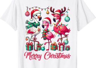 Merry Christmas Lights Flamingo Santa Hat Snow Xmas Pajamas T-Shirt