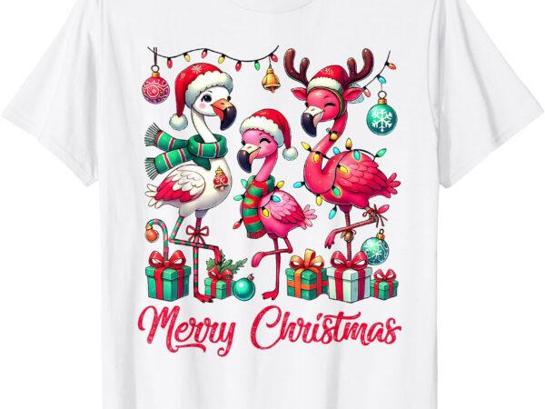 Merry christmas lights flamingo santa hat snow xmas pajamas t-shirt