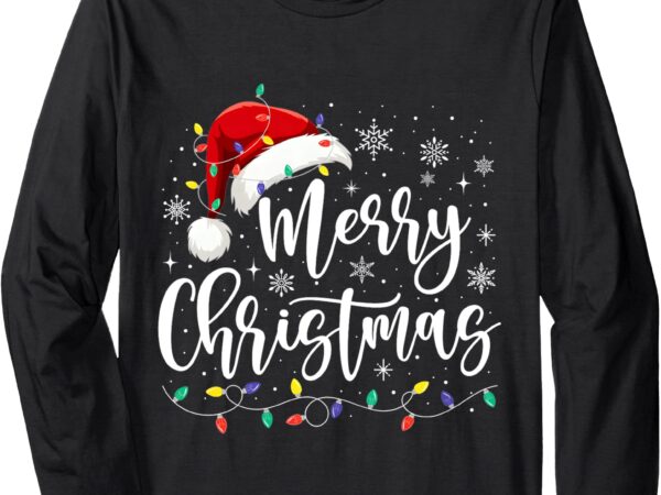 Merry christmas lights red santa hat xmas family men women long sleeve t-shirt