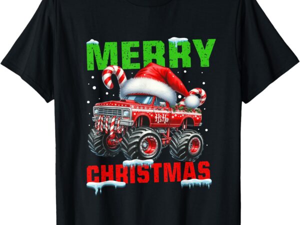 Merry christmas monster truck funny xmas santa hat boys kids t-shirt