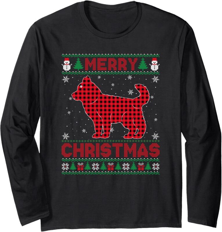 Merry Christmas Siberian Husky Dog Buffalo Red Plaid Sweater Long Sleeve T-Shirt