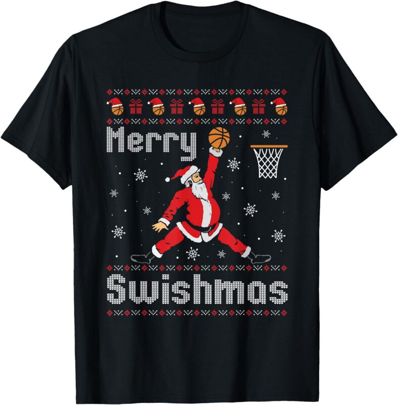 Merry Swishmas Basketball Dunk Rebound Santa Christmas Party T-Shirt