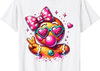 Pink Gingerbread Girl With Sunglasses Blowing Bubble Xmas T-Shirt