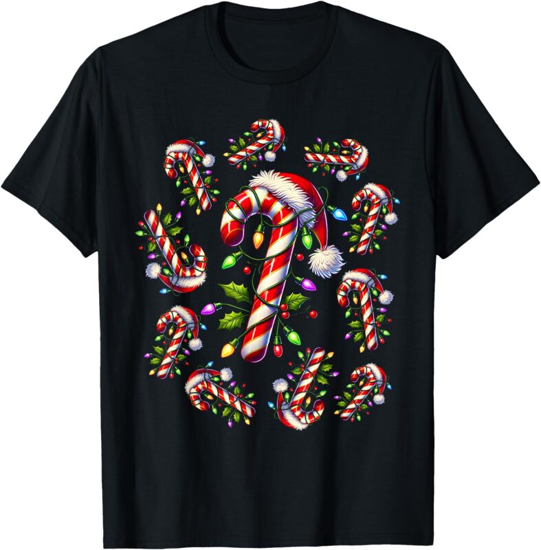 Red and White Candy Cane Santa Christmas Funny Xmas Lights T-Shirt