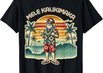 Retro Christmas Surf, Mele Kalikimaka Santa Shaka Hawaii T-Shirt