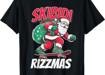 Retro Skibidi Rizzmas Funny Santa Clause Skating Board Xmas T-Shirt