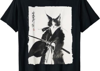 Samurai Cat Vintage Ukiyo-e Warrior Art Graphic Cat Art T-Shirt