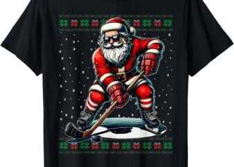 Santa Claus Playing Hockey Ugly Christmas Sweater T-Shirt