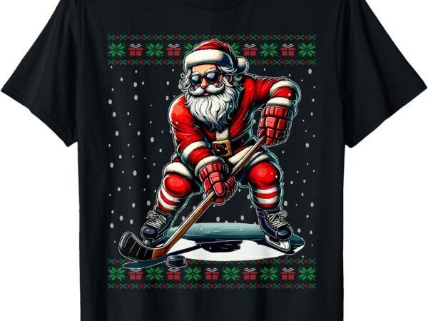 Santa claus playing hockey ugly christmas sweater t-shirt