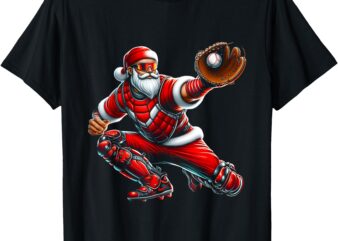 Santa Playing Baseball Catcher Merry Christmas Sport Player T-Shirt