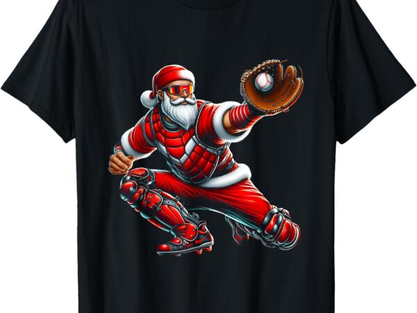 Santa playing baseball catcher merry christmas sport player t-shirt