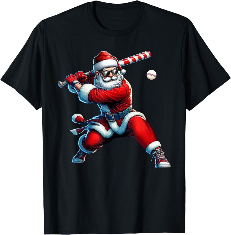 Santa Playing Baseball Men Boys Christmas Baseball Player T-Shirt