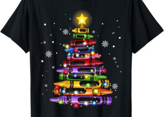 Teacher Crayon Christmas Tree Lights Student School Xmas T-Shirt