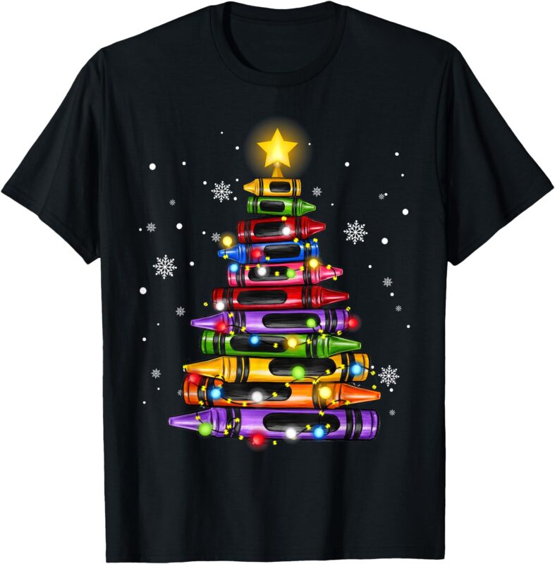 Teacher Crayon Christmas Tree Lights Student School Xmas T-Shirt