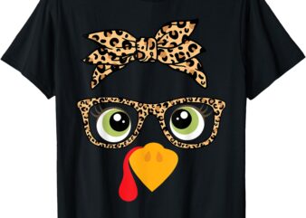 Thanksgiving Turkey Face Leopard Print Glasses Women Girls T-Shirt