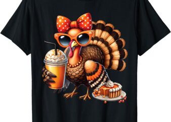 Turkey Drinking Coffee Bow Thanksgiving Womens Turkey Day T-Shirt