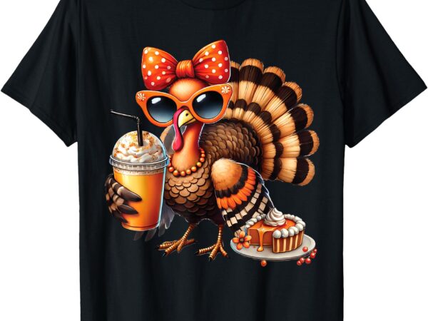 Turkey drinking coffee bow thanksgiving womens turkey day t-shirt