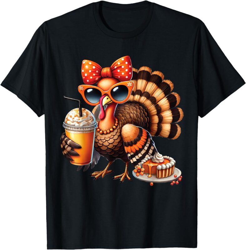 Turkey Drinking Coffee Bow Thanksgiving Womens Turkey Day T-Shirt