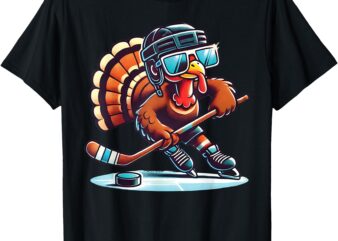 Turkey Playing Ice Hockey Happy Thanksgiving Boys Turkey Day T-Shirt