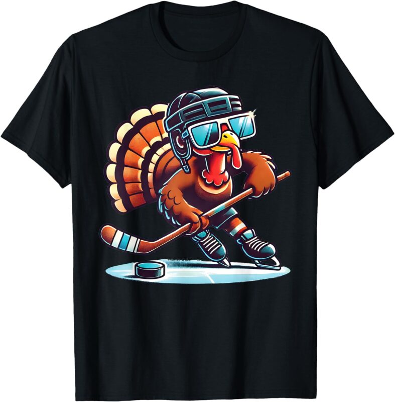 Turkey Playing Ice Hockey Happy Thanksgiving Boys Turkey Day T-Shirt