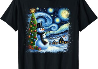 Van Gogh Starry Night Christmas Snowman Snowy Night Xmas T-Shirt