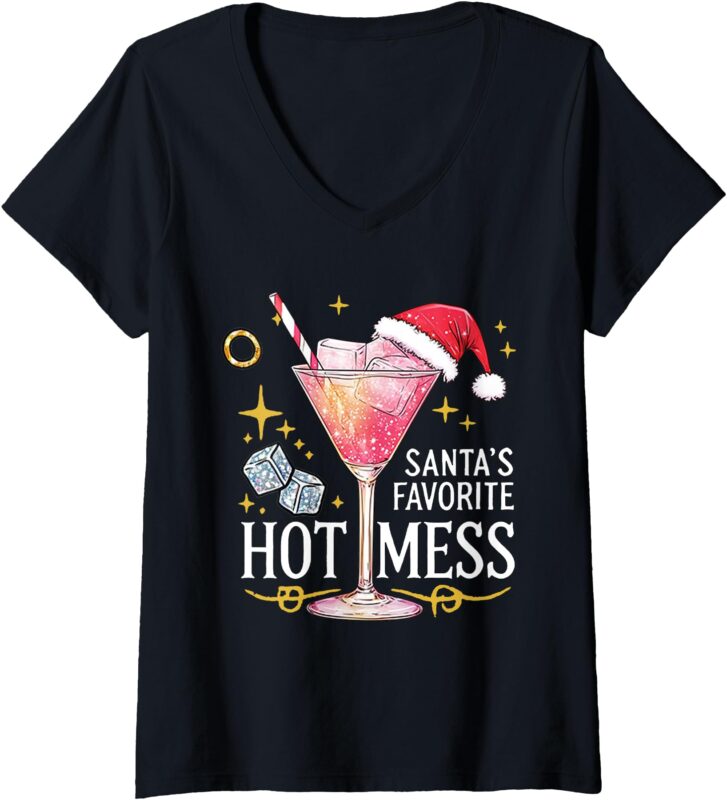 Womens Santa’s Favorite Hot Mess Funny Margarita V-Neck T-Shirt