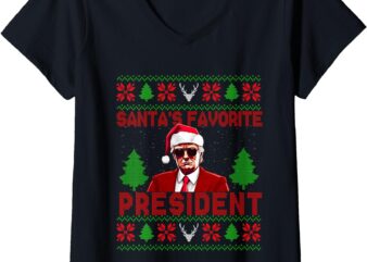 Womens Santa’s Favorite President Funny President Trump Ugly V-Neck T-Shirt