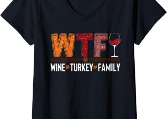 Womens WTF Wine Turkey Family Sequin Fun Thanksgiving Wine Drinking V-Neck T-Shirt