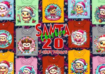 Funny Christmas Chicken Santa Claus t-shirt design bundle of 20 designs – download instantly Retro Vintage Illustration Clipart Bundle