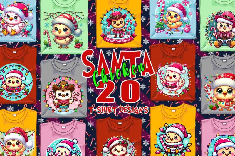 Funny Christmas Chicken Santa Claus t-shirt design bundle of 20 designs – download instantly Retro Vintage Illustration Clipart Bundle