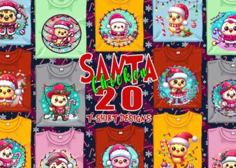 Trendy Christmas Chicken Santa Claus t-shirt design bundle of 20 png & jpeg designs – download instantly Retro Vintage T-shirt Design Bundle