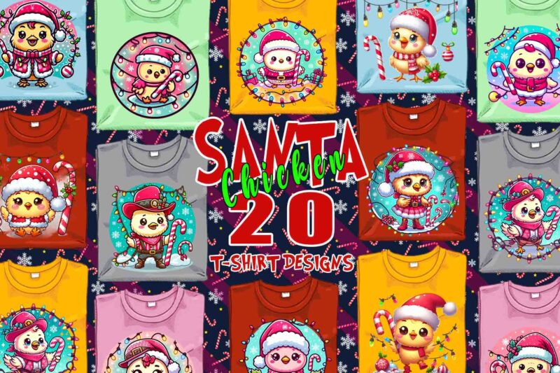 Trendy Christmas Chicken Santa Claus t-shirt design bundle of 20 png & jpeg designs – download instantly Retro Vintage T-shirt Design Bundle