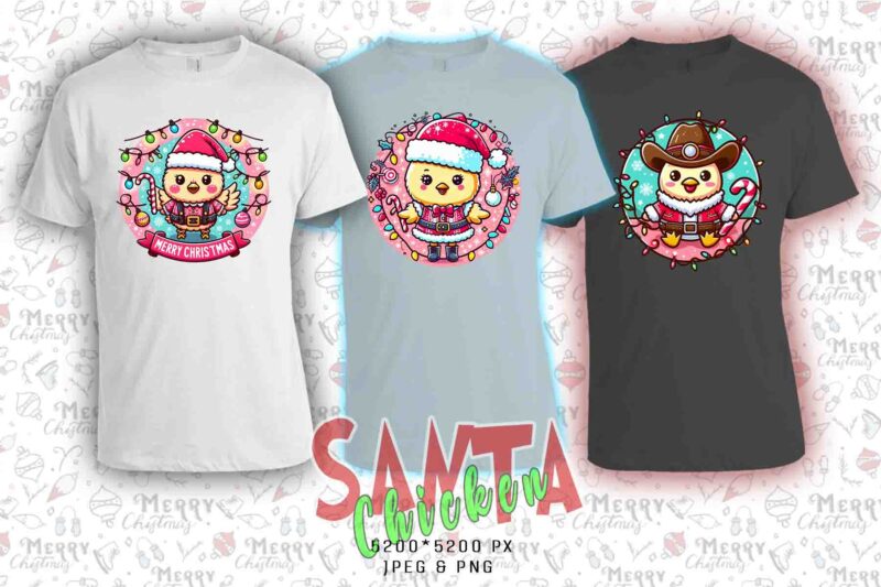 Trendy Christmas Chicken Santa Claus t-shirt design bundle of 20 png & jpeg designs – download instantly Retro Vintage T-shirt