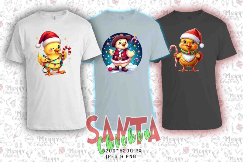 Colourful Christmas Chicken Santa Claus t-shirt design bundle of 20 designs – download instantly Retro Vintage T-shirt