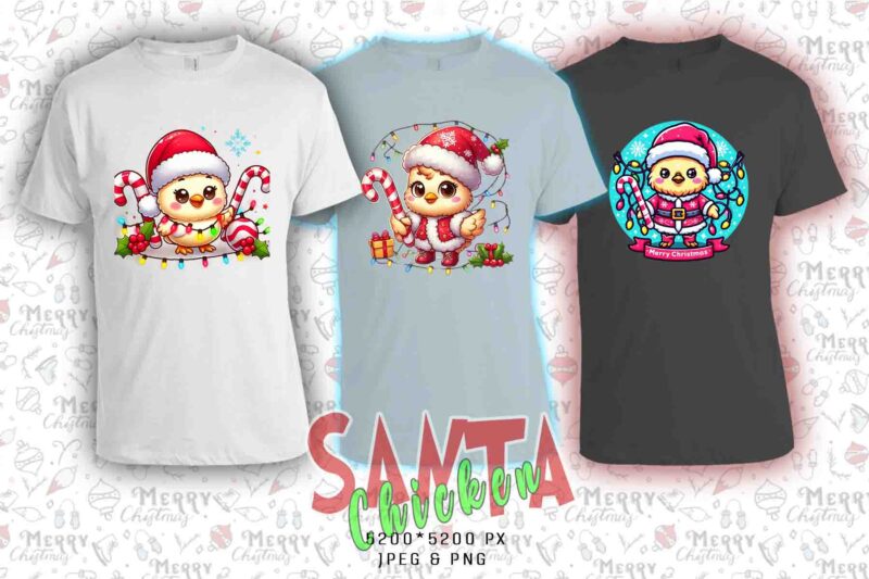 Trendy Christmas Chicken Santa Claus t-shirt design bundle of 20 png & jpeg designs – download instantly Retro Vintage T-shirt Design Bundle