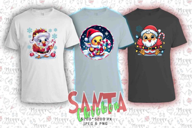 Trendy Christmas Chicken Santa Claus t-shirt design bundle of 20 png & jpeg designs – download instantly Retro Vintage T-shirt