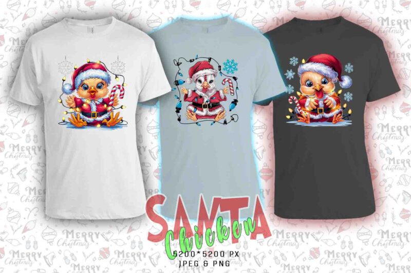 Colourful Christmas Chicken Santa Claus t-shirt design bundle of 20 designs – download instantly Retro Vintage T-shirt Bundle