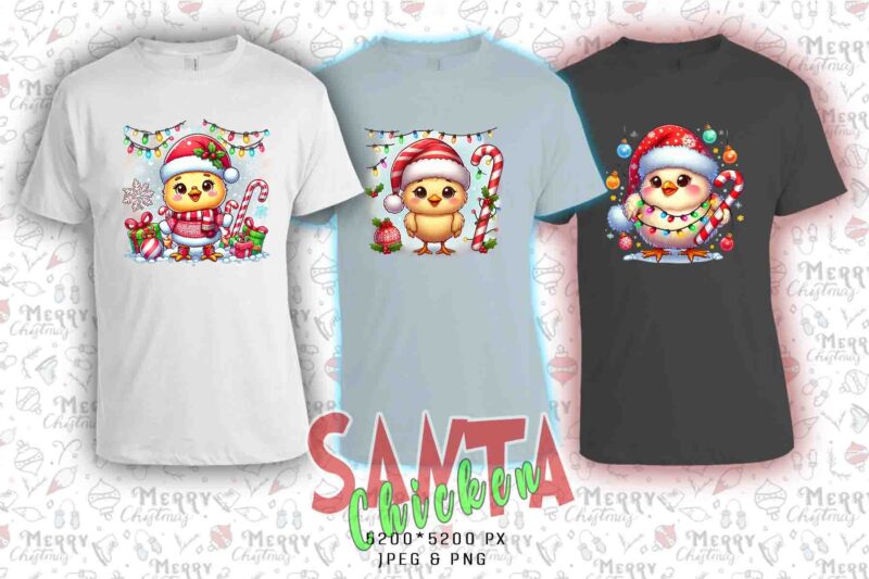 Funny Christmas Chicken Santa Claus t-shirt design bundle of 20 designs – download instantly Retro Vintage Illustration