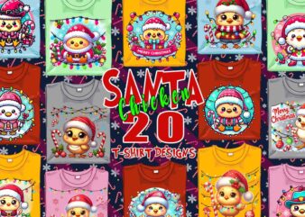 Trendy Christmas Chicken Santa Claus t-shirt design bundle of 20 png & jpeg designs – download instantly Retro Vintage T-shirt Design