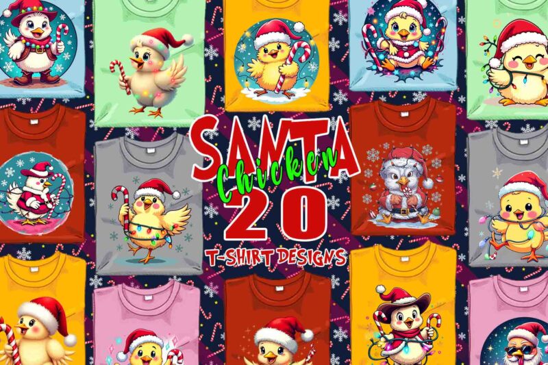 Colourful Christmas Chicken Santa Claus t-shirt design bundle of 20 designs – download instantly Retro Vintage T-shirt Bundle