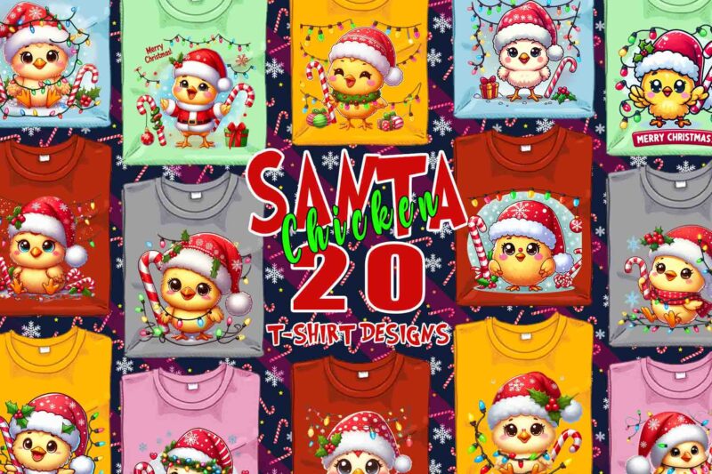 Retro Christmas Chicken Santa Claus t-shirt design bundle of 20 designs