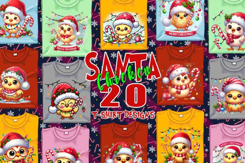 Funny Christmas Chicken Santa Claus t-shirt design bundle of 20 designs – download instantly Retro Vintage Illustration