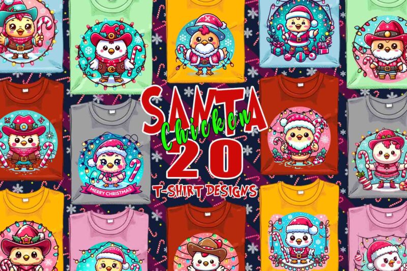 Trendy Christmas Chicken Santa Claus t-shirt design bundle of 20 designs – download instantly Retro Vintage Tees Bundle